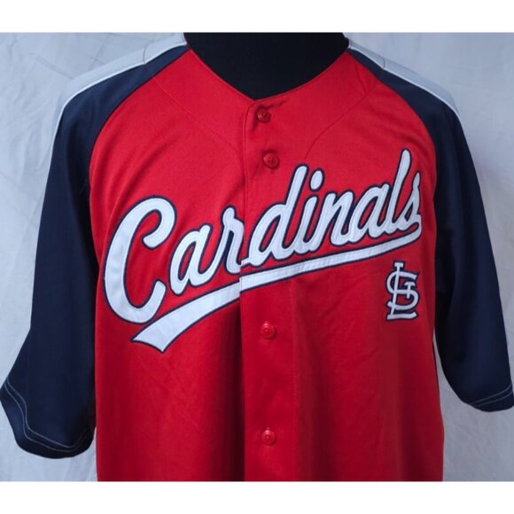 Vtg St Louis Cardinals Dynasty Series XL Red Blue Grey Button Spellout Jersey - Picture 2 of 11